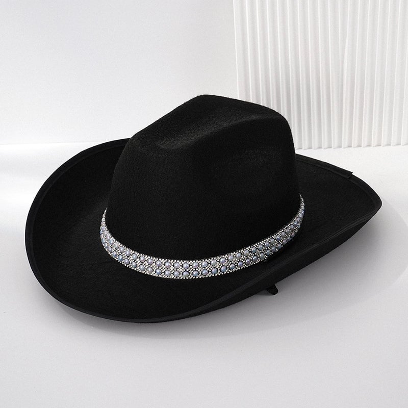Explosions Solid Color Double Row Pearl Decorated Rhinestone Cowboy Hat. Bosnian Style Party Wear