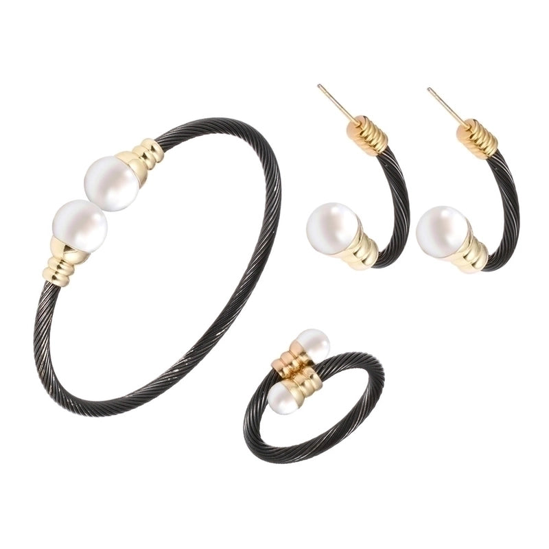 Casual Minimalist Spiral Stripe Stainless Steel Copper Braid Inlay Pearl Rings Bracelets Earrings