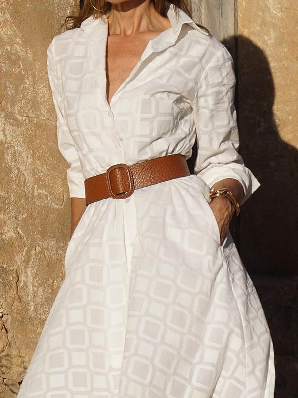 Long Sleeves Loose Split-Joint Tied Waist Lapel Shirt Dress