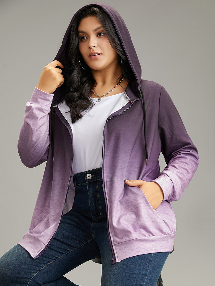 Ombre Hooded Zipper Drawstring Sweatshirt