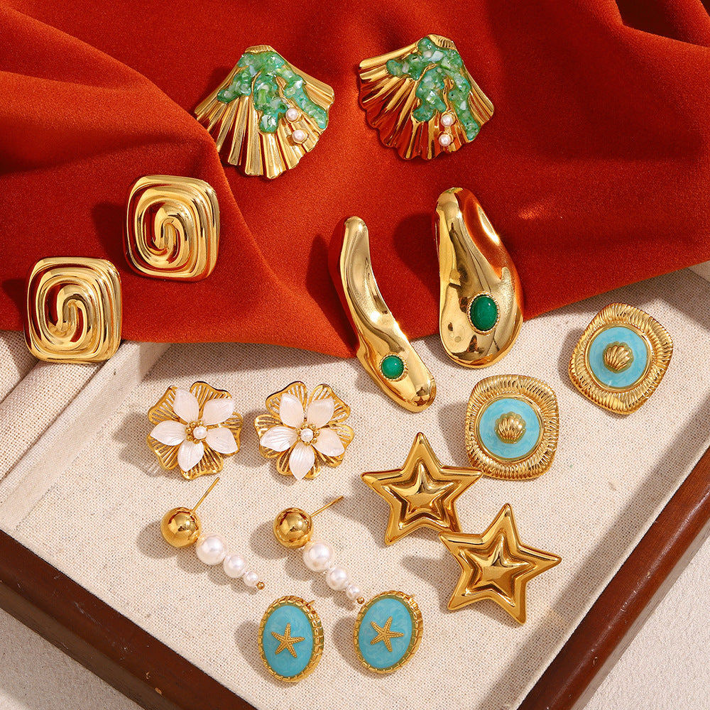 Personalized Fashion Stainless Steel 18K Gold Plated Oil Drop Shell Pearl Flower Five-Pointed Star Earrings