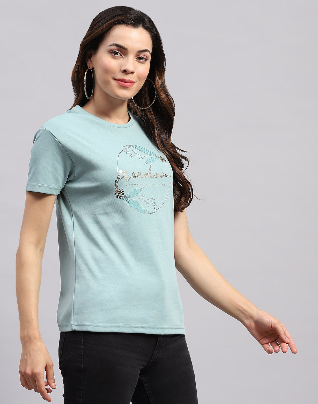 Women Sea Green Printed Round Neck Half Sleeve Top