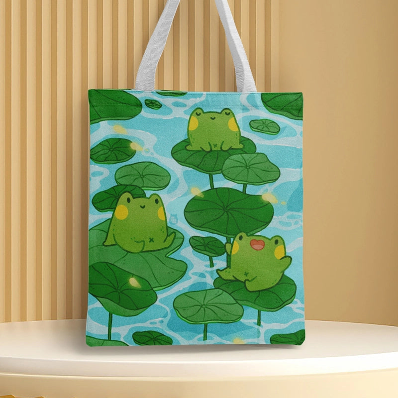 Women's Canvas Cartoon Frog Basic Classic Style Square Open Canvas Bag