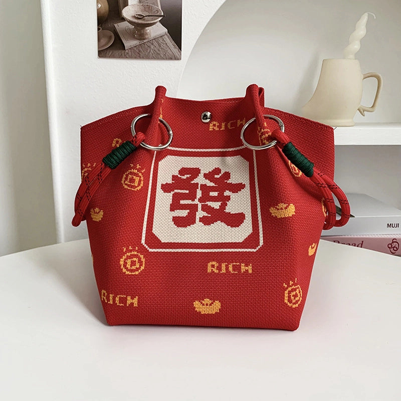 Women's Polyester Plaid Flower Classic Style Bucket Open Handbag