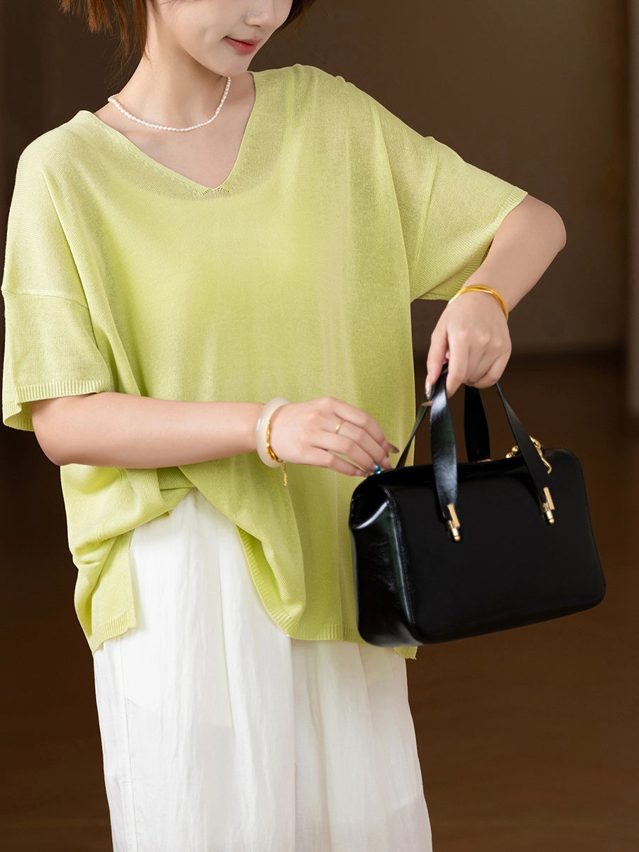Women Summer Casual Pure Color Knitted V-Neck Shirt