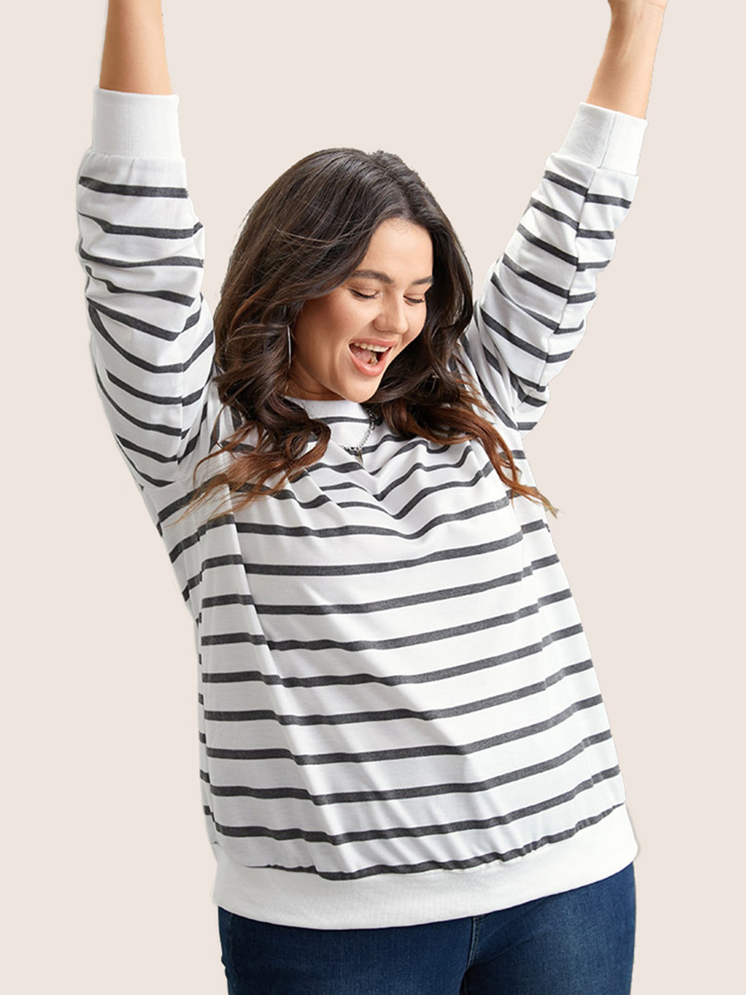 Rib Knit Striped Round Neck Sweatshirt