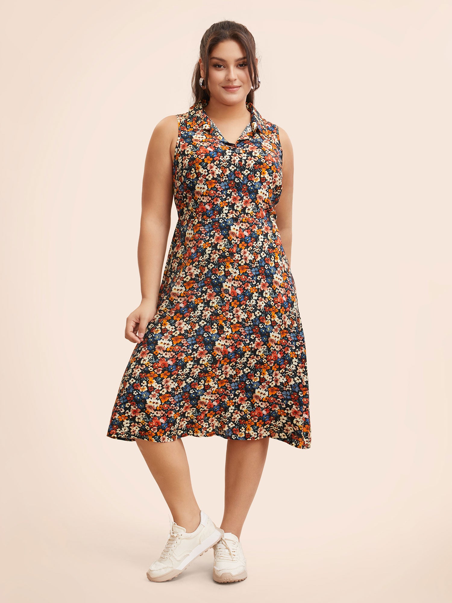 Shirt Collar Ditsy Floral Sleeveless Dress