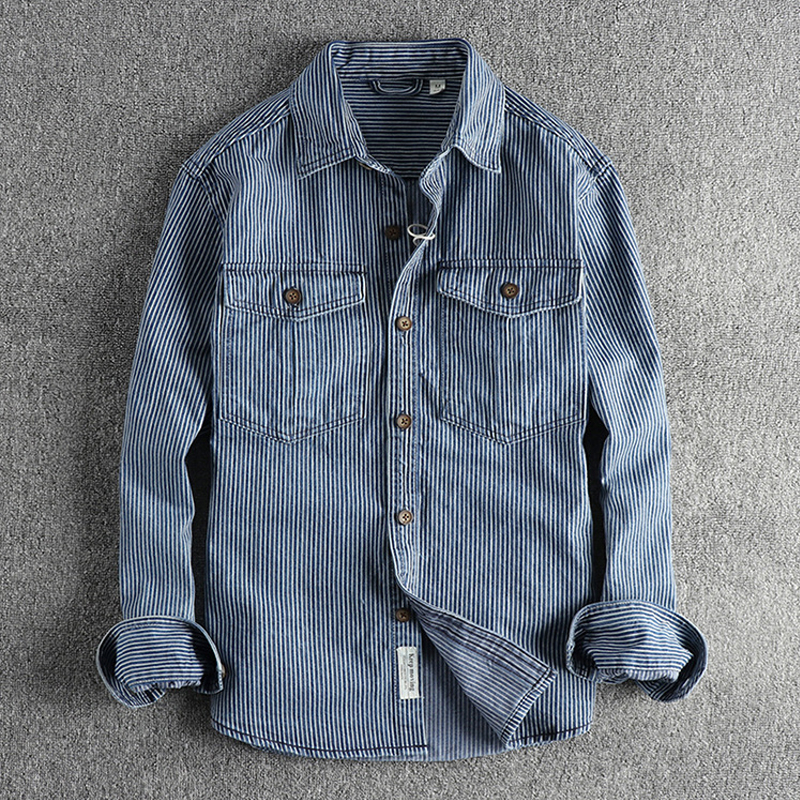 Retro Yarn-Dyed Striped Washed Distressed Workwear Denim Shirt