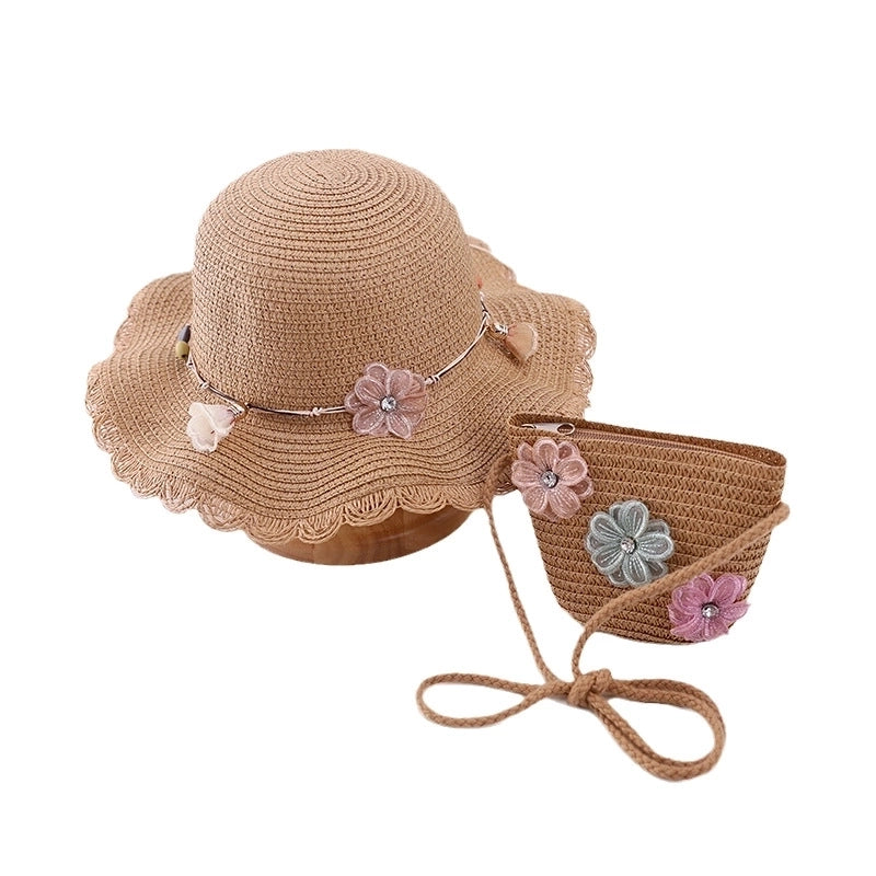 Fashion Flower Decoration Solid Color Children's Summer Beach Hat Sun Hat Straw Hat