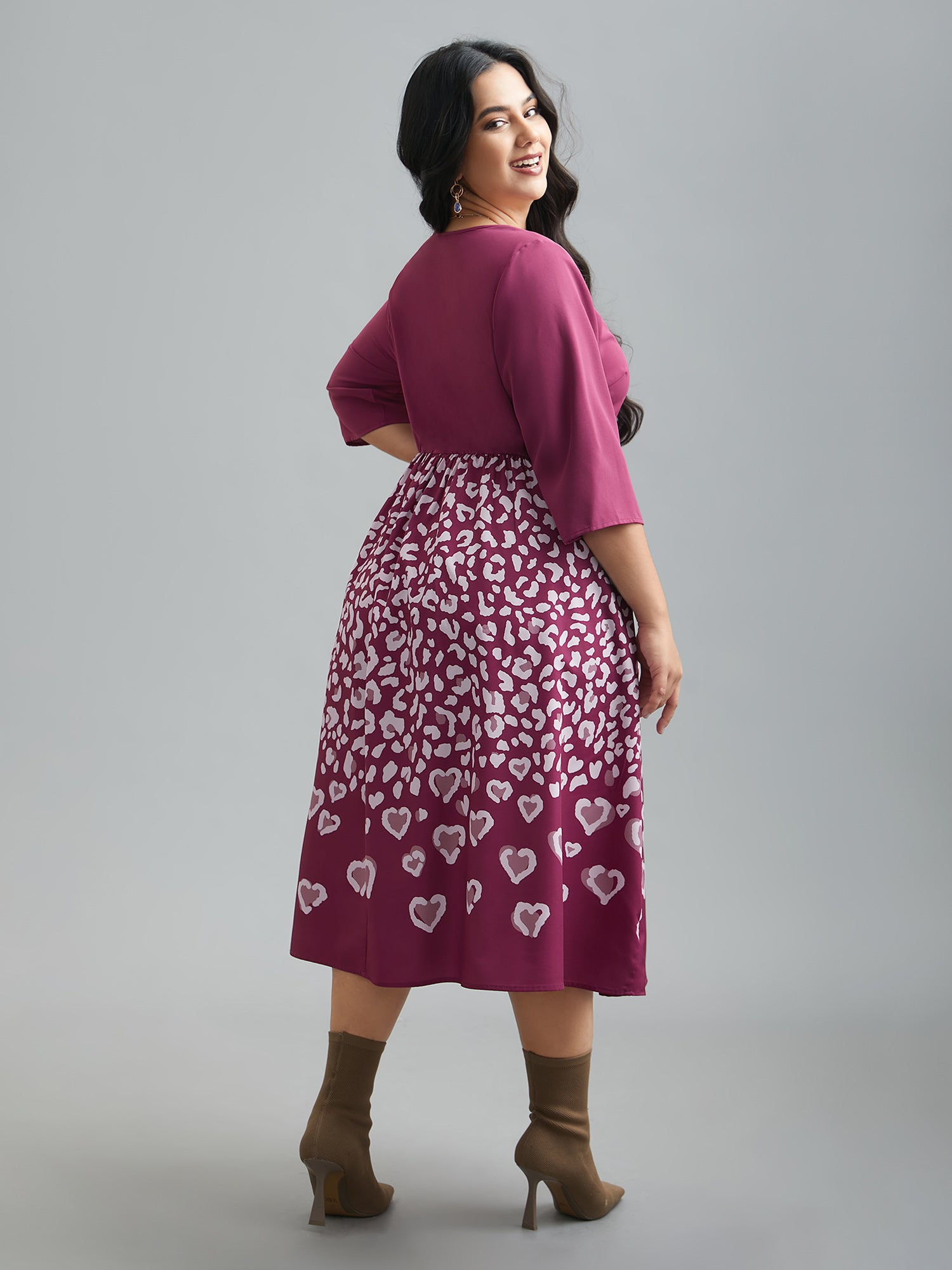 Square Neck Contrast Boho Print Midi Dress