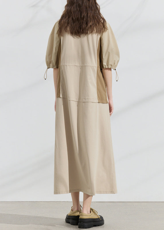Original Design Khaki Drawstring Patchwork Cotton Dresses Summer