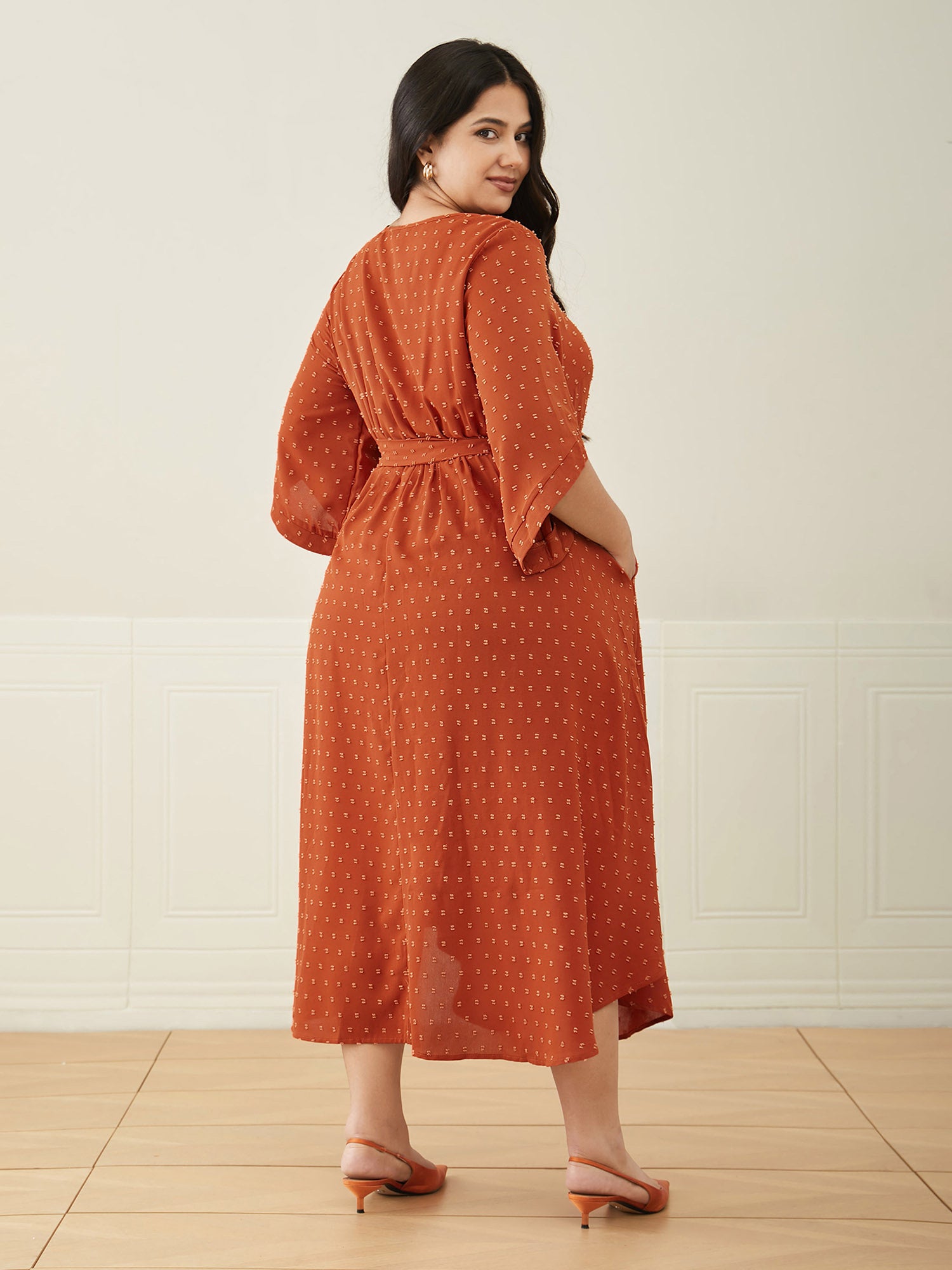 Textured Bell Sleeve Belted Arc Hem Dress