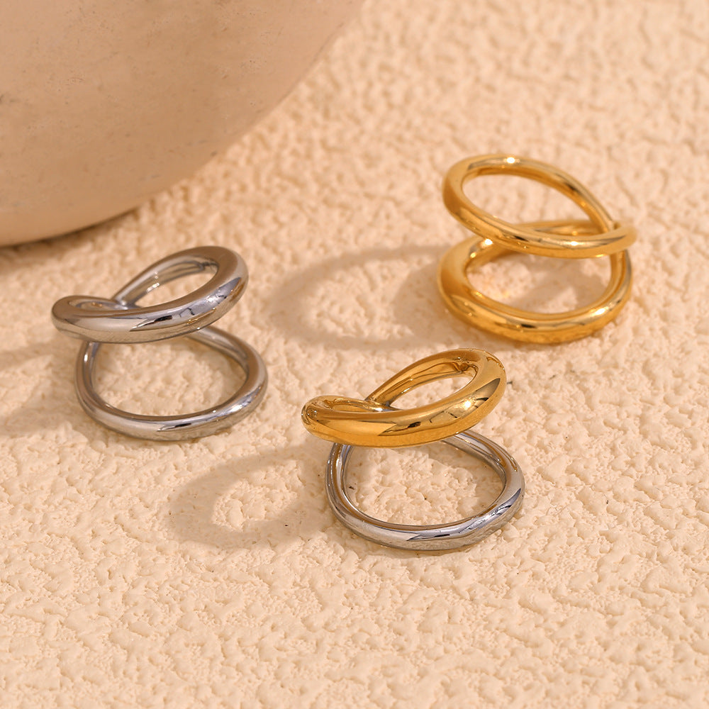 Simple Niche Design All-Match Hand Jewelry Stainless Steel Plated 18K Gold Gold Cross Line Double Layer Ring