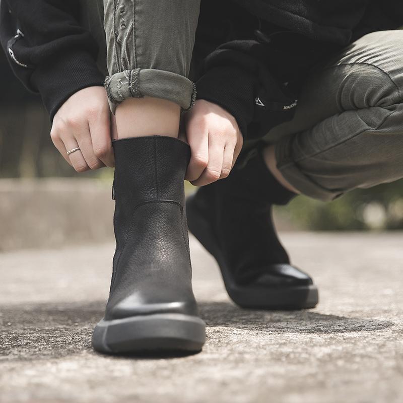 Waxing?Leather Ankle Boots Back Buckle Decorate Black/Coffee