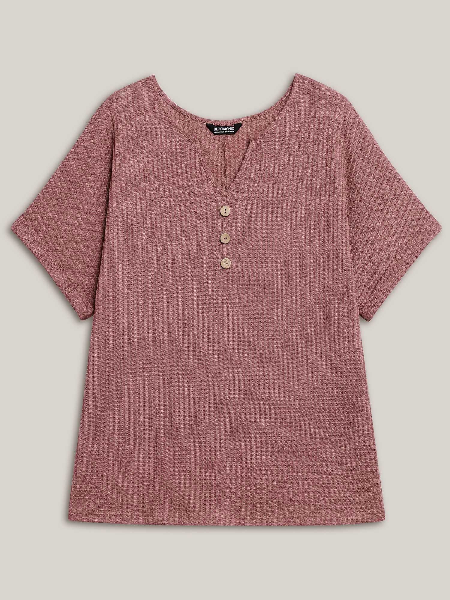 Waffle Knit Stretchy Button Split Neck T-Shirt