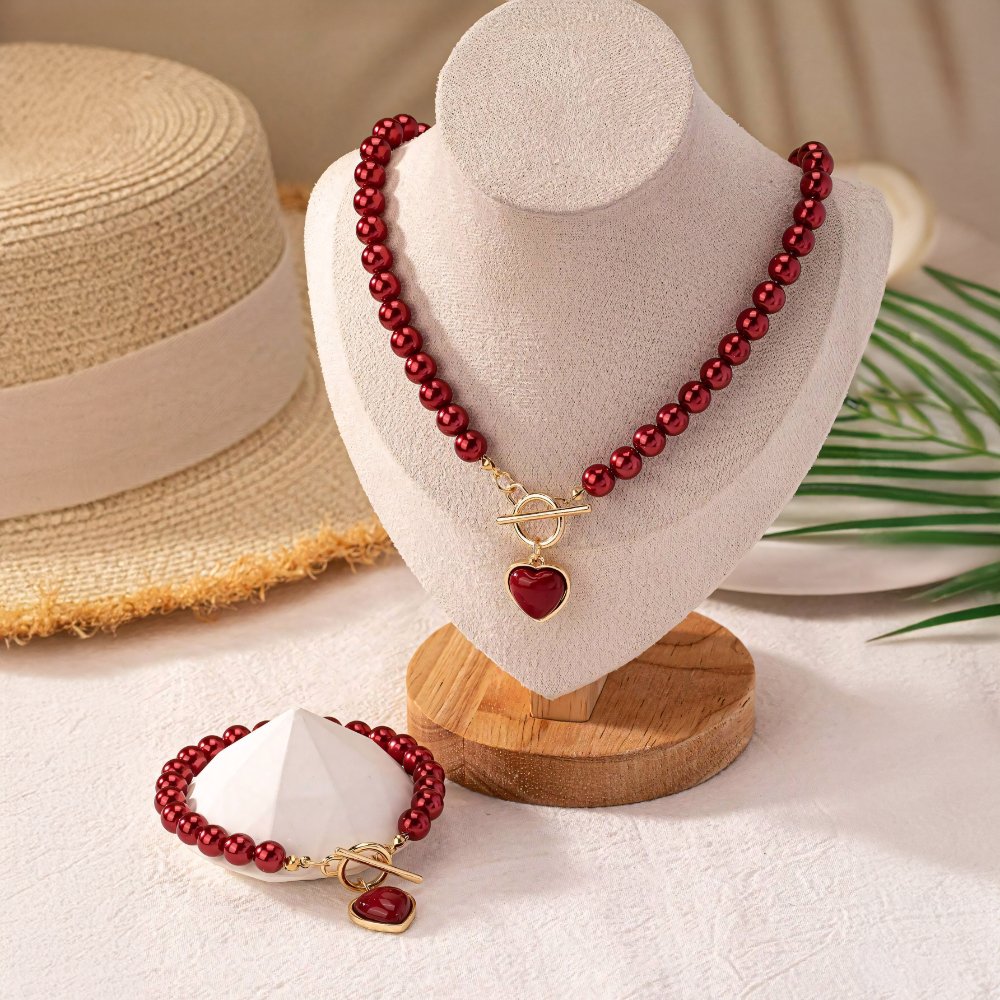 Beaded Heart Pendant Bracelet and Necklace Set