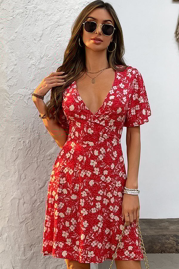 Fashion Floral Print V Neck Mini Dress