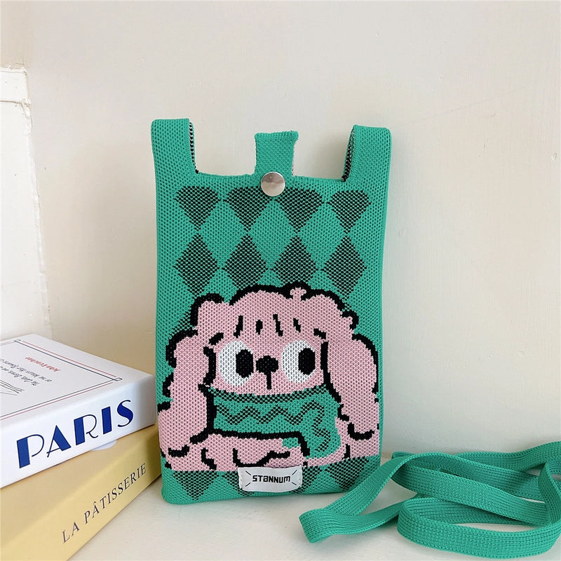 Women's Small Knit Cartoon Cute Bucket Lock Clasp Phone Wallets