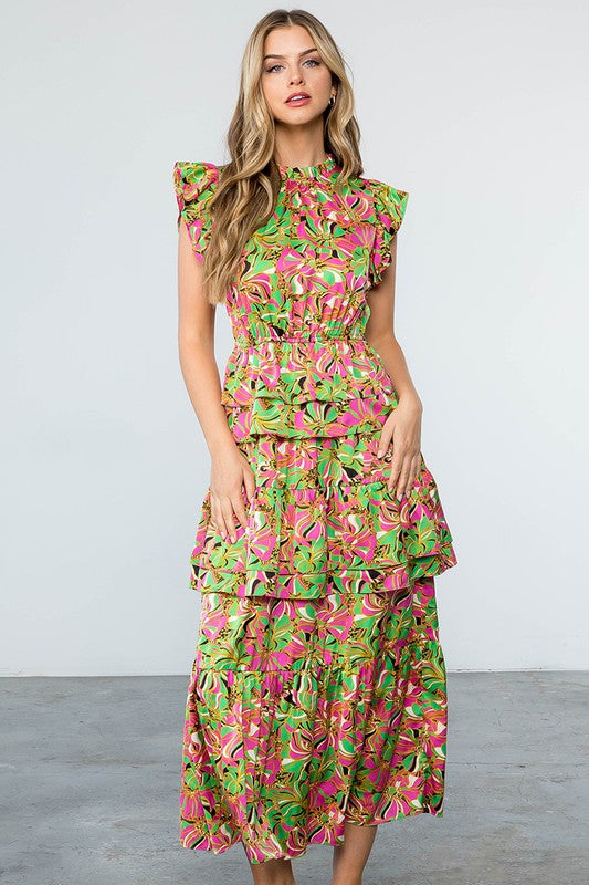 Ruffled Tiered Floral Print Maxi Dress