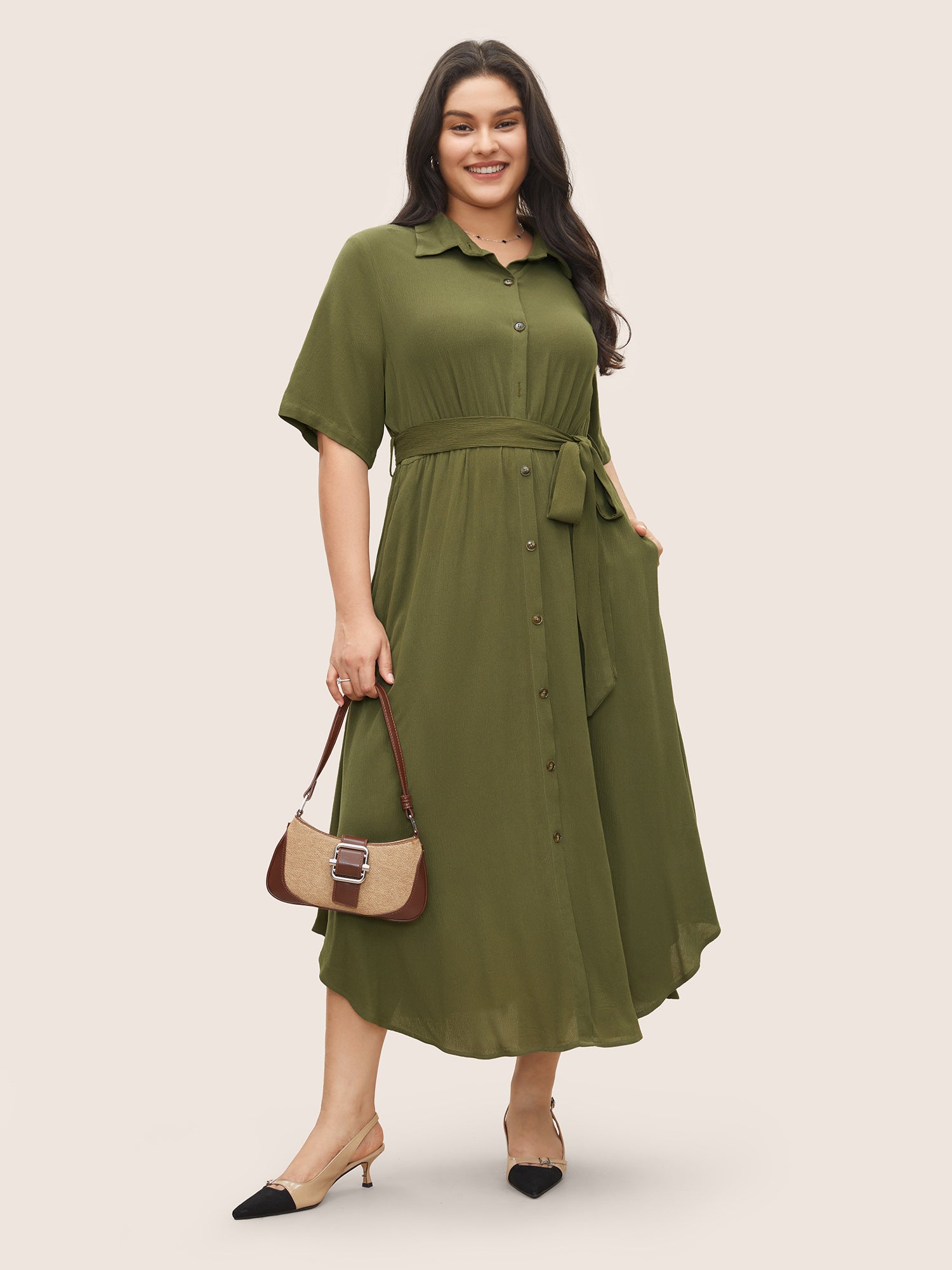 Solid Button Pocket Shirt Collar Belted Maxi Dress