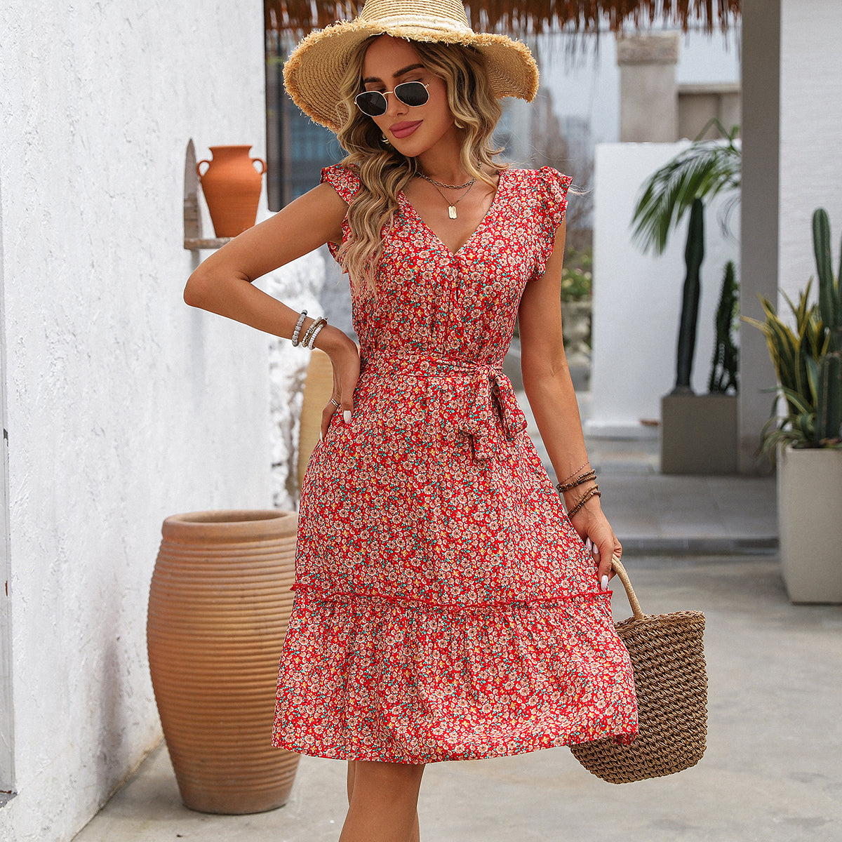 Fashion Ruffle Sleeve Flower Print Casual Dress