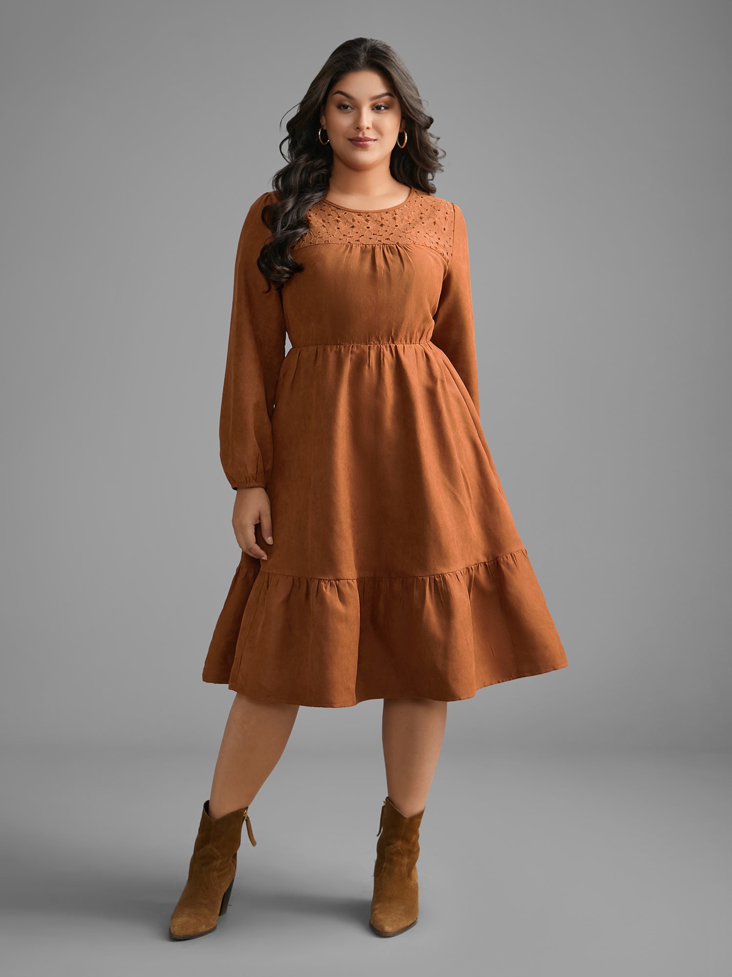 Faux Suede Lace Panel Lantern Sleeve Dress