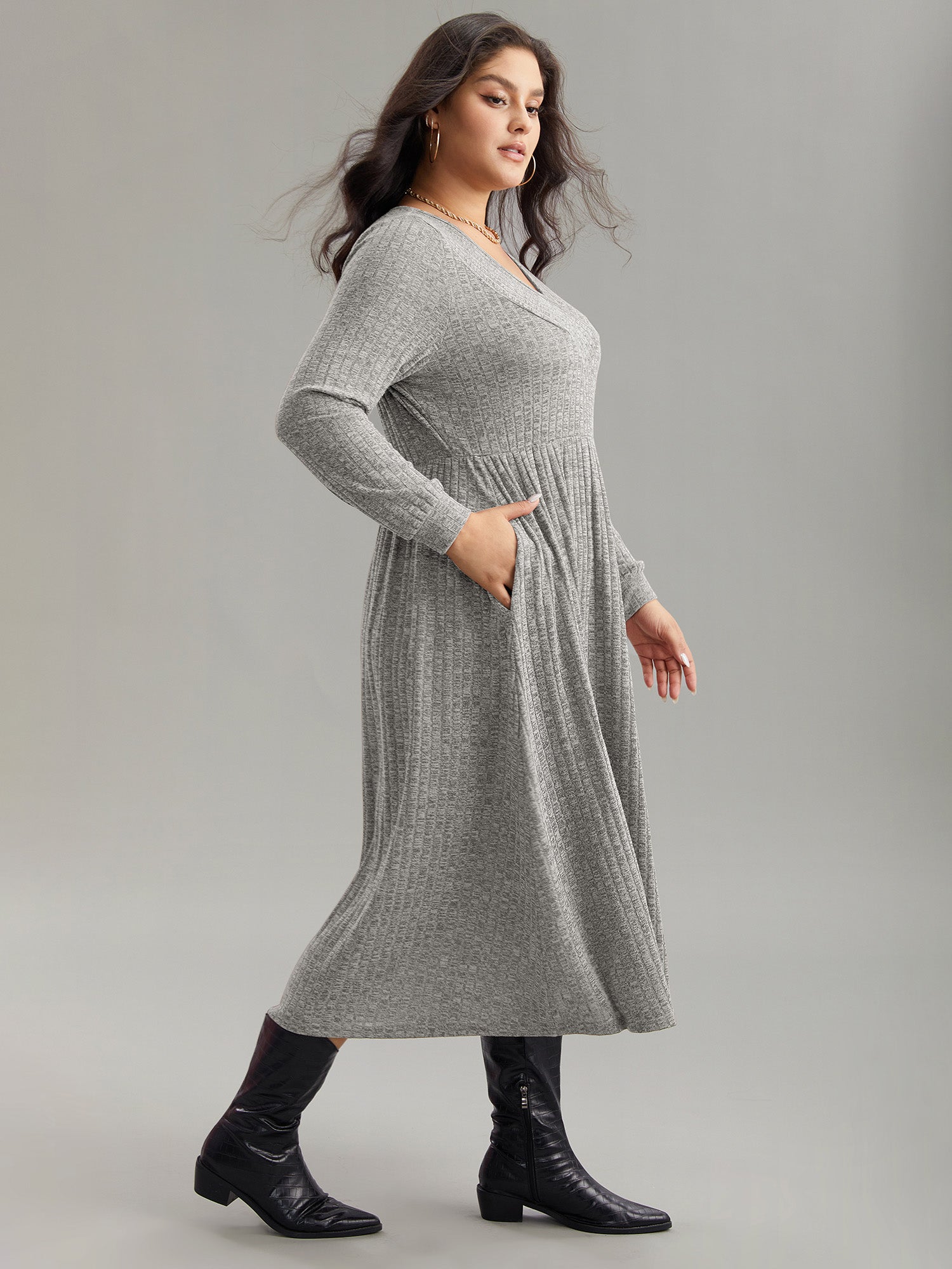 Rib Knit Plain Plisse Long Sleeve Dress