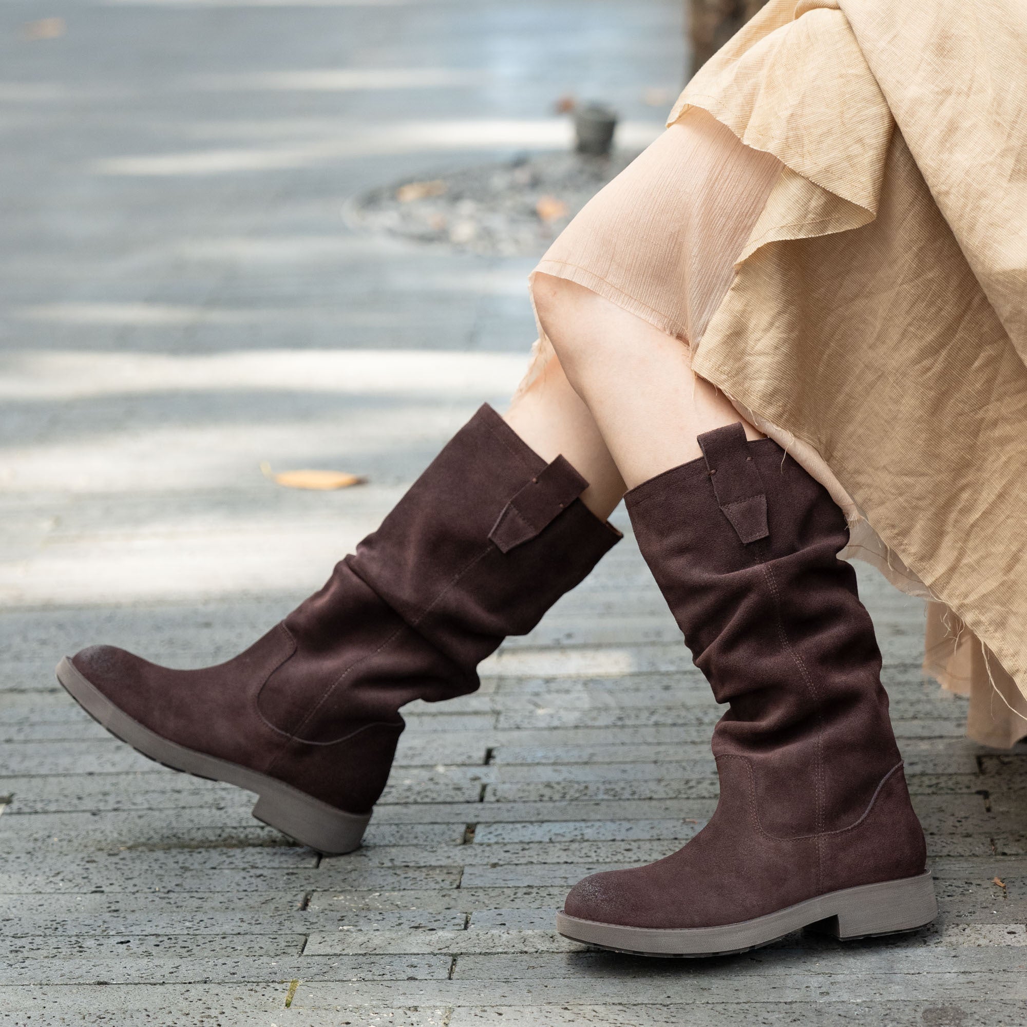 Designer Suede Leather Knee High Boots Fold Design Riding Boots in Black/Brown/Apricot/Coffee
