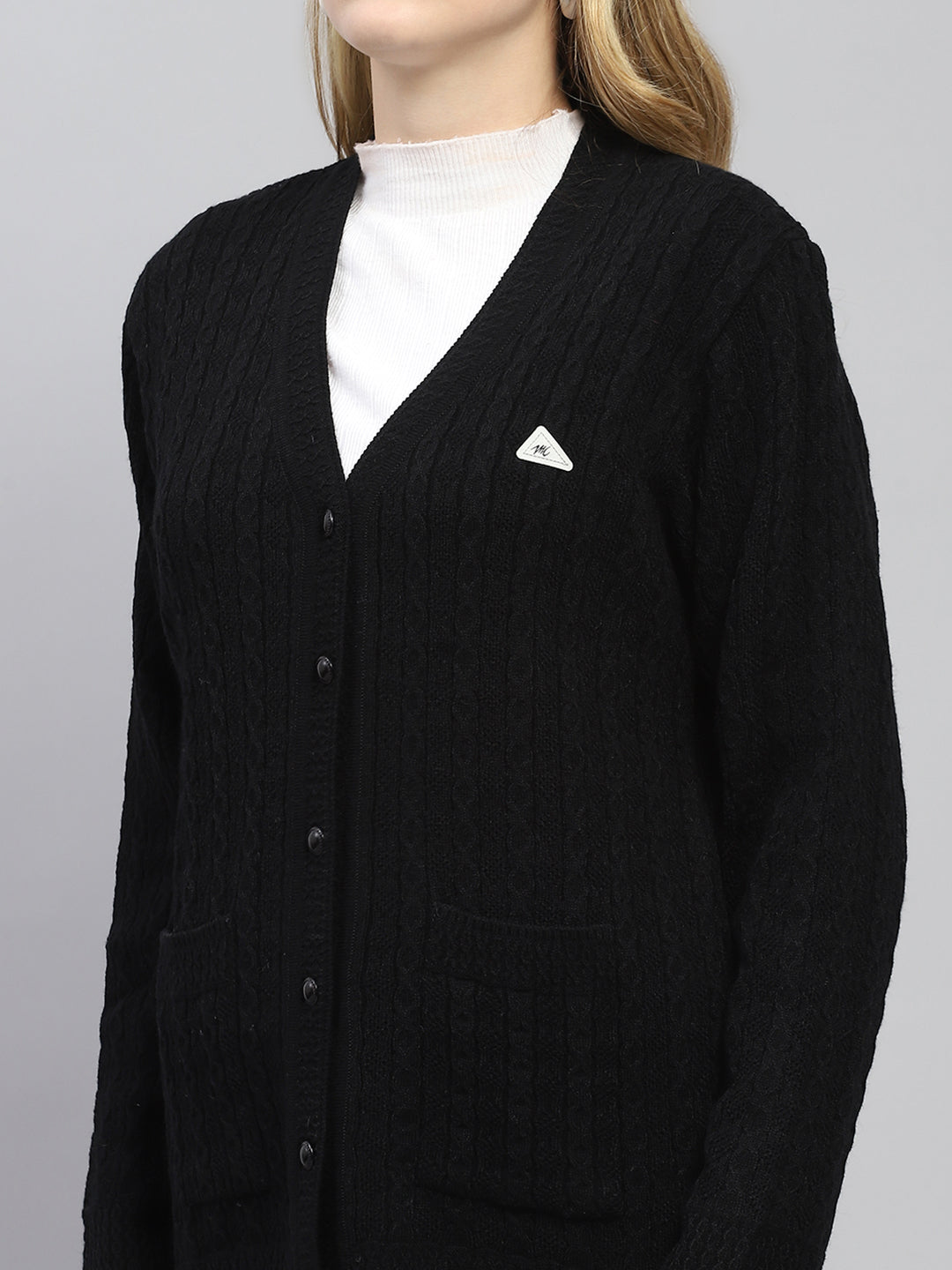 Women Black Self Design V Neck Full Sleeve Cardigan