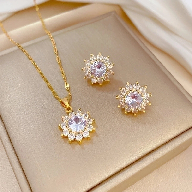 Copper Minimalist Plating Inlay Rhombus Bow Knot Zircon Jewelry Set