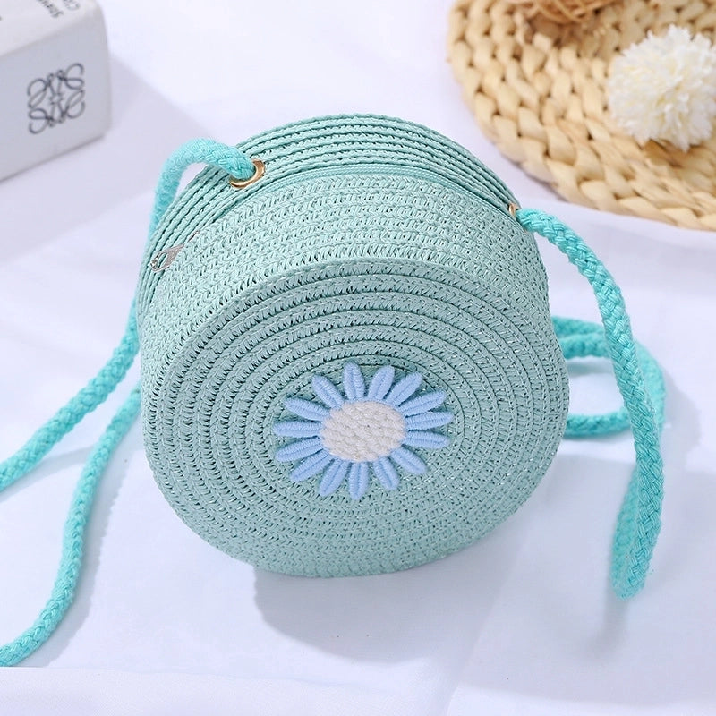 Women's Mini Straw Daisy Vintage Style Round Zipper Straw Bag
