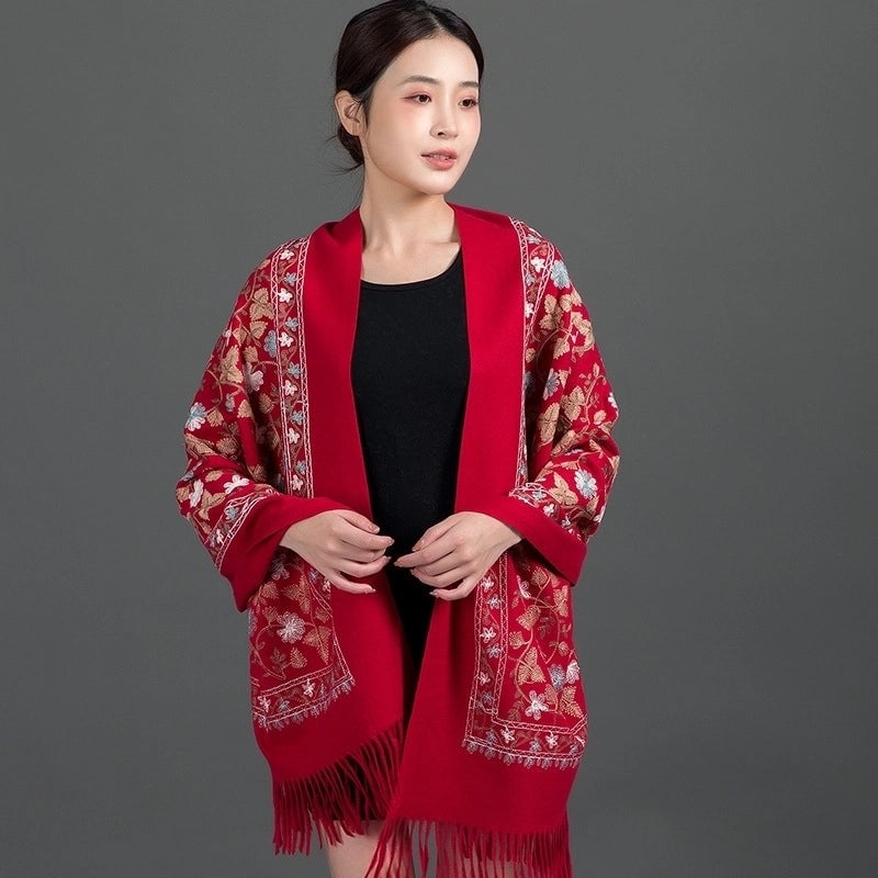 Embroidered Imitation Wool Cashmere Scarf Women's Autumn And Winter Cheongsam Air Conditioning Shawl Summer Outer Wear Multi-purpose Mother Style