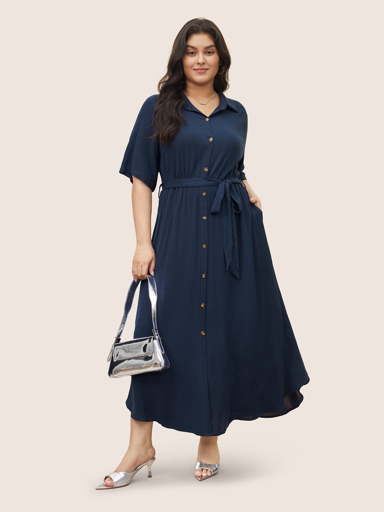 Solid Button Pocket Shirt Collar Belted Maxi Dress