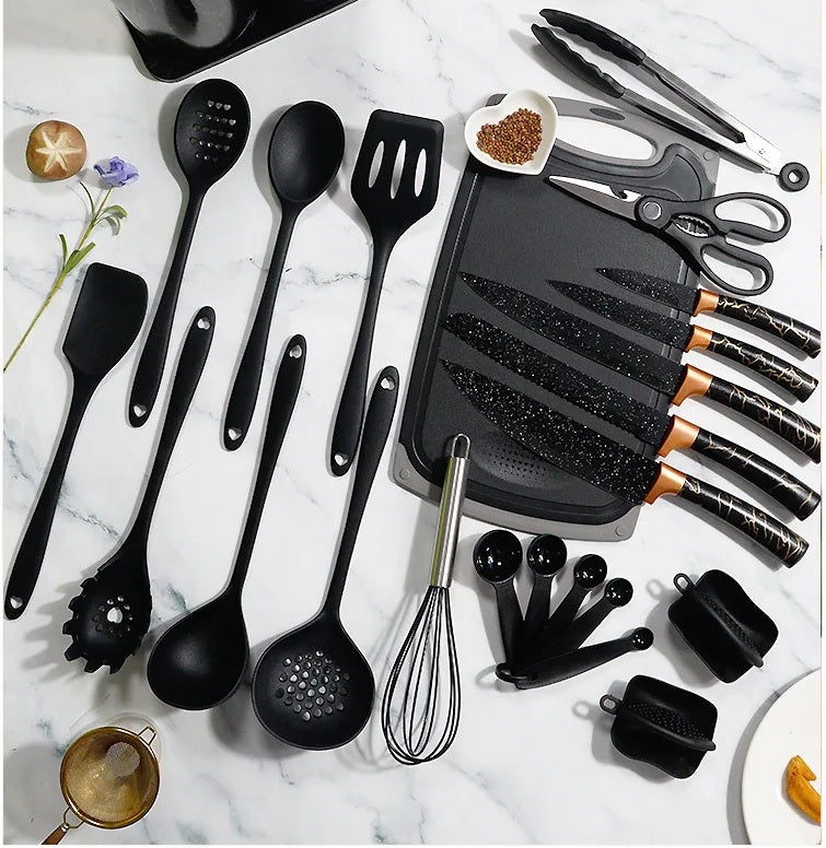 25 PCs Silicon Cooking & Knife Set With Board-Goldish