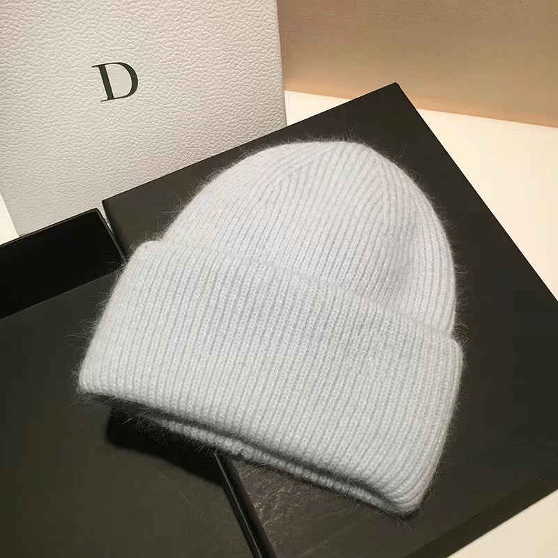 Japanese High-End New Rabbit Fur Knitted Woolen Cap Women's Fashion Autumn Winter Japanese Beanie Hat Thermal Head Cover Knitted Hat