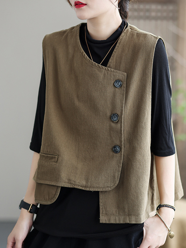 Vintage Asymmetric Solid Color Buttoned Vest Top
