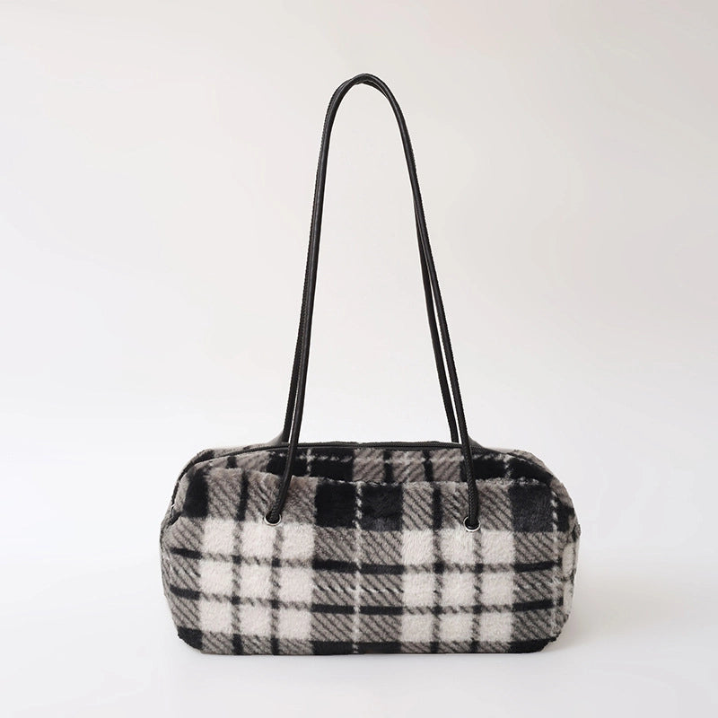 Women's Fur Lattice Plaid Streetwear Pillow Shape Zipper Underarm Bag