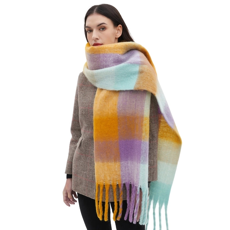 Hot New Autumn And Winter Men's And Women's Circle Yarn Coarse Tassel Plaid Scarf