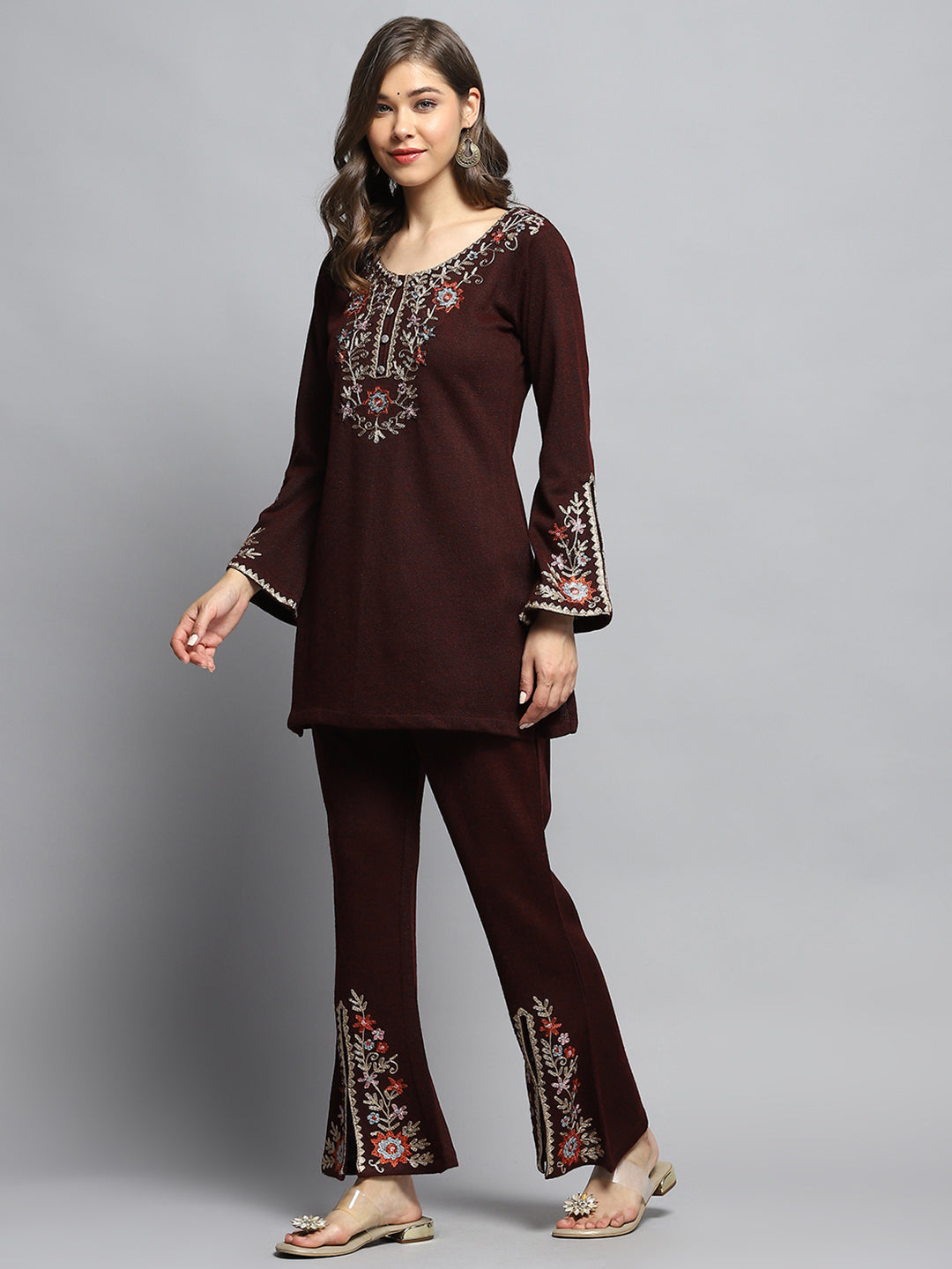 Women Maroon Self Design Round Neck Full Sleeve Kurti Set