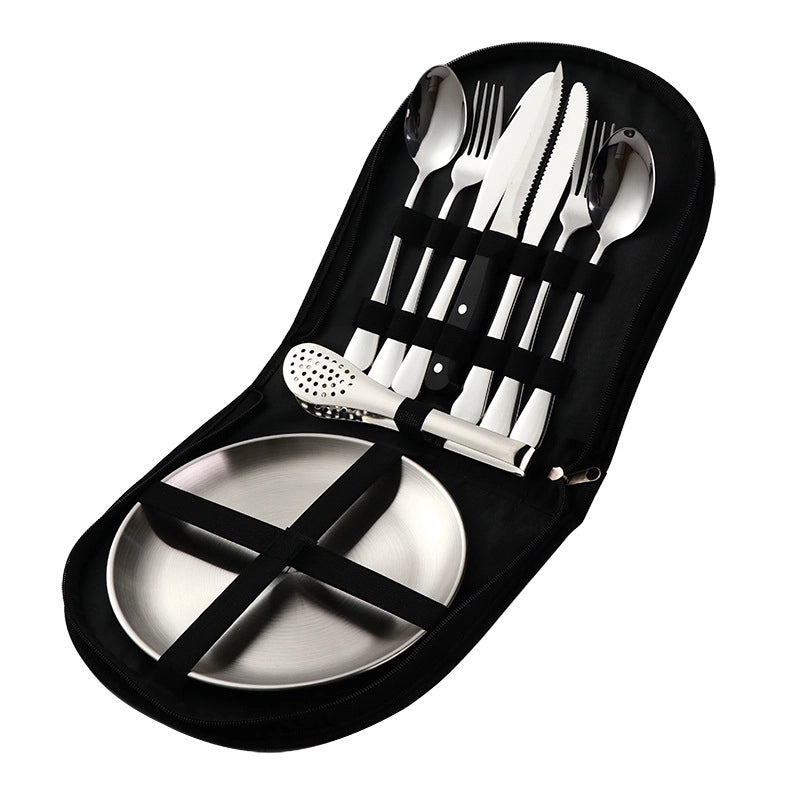 Outdoor Travel Stainless Steel Tableware Camping Picnic Barbecue Plate Clip Steak Knife. Fork And Spoon Suit Portable Storage Bag