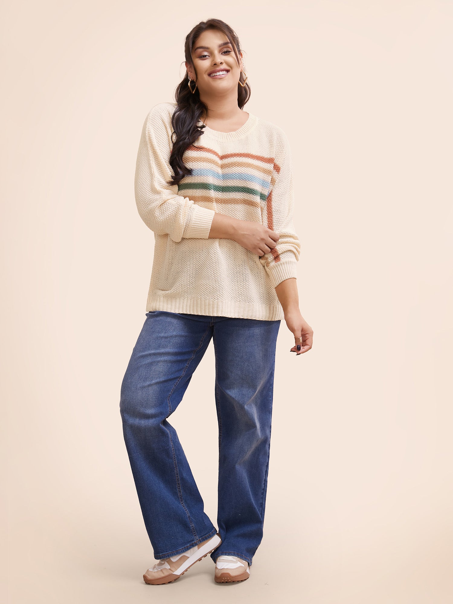 Crew Neck Contrast Striped Dolman Sleeve Pullover