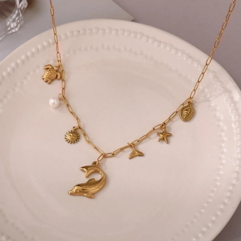 Marine Style Minimalist Starfish Dolphin Shell 201 Stainless Steel 304 Stainless Steel 18K Gold Plated Pendant Necklace