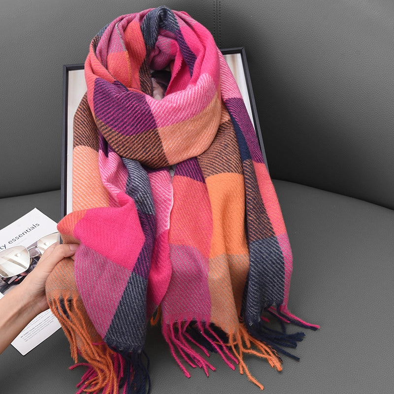 Women's Classic Style Plaid Imitation Cashmere Tassel Scarf