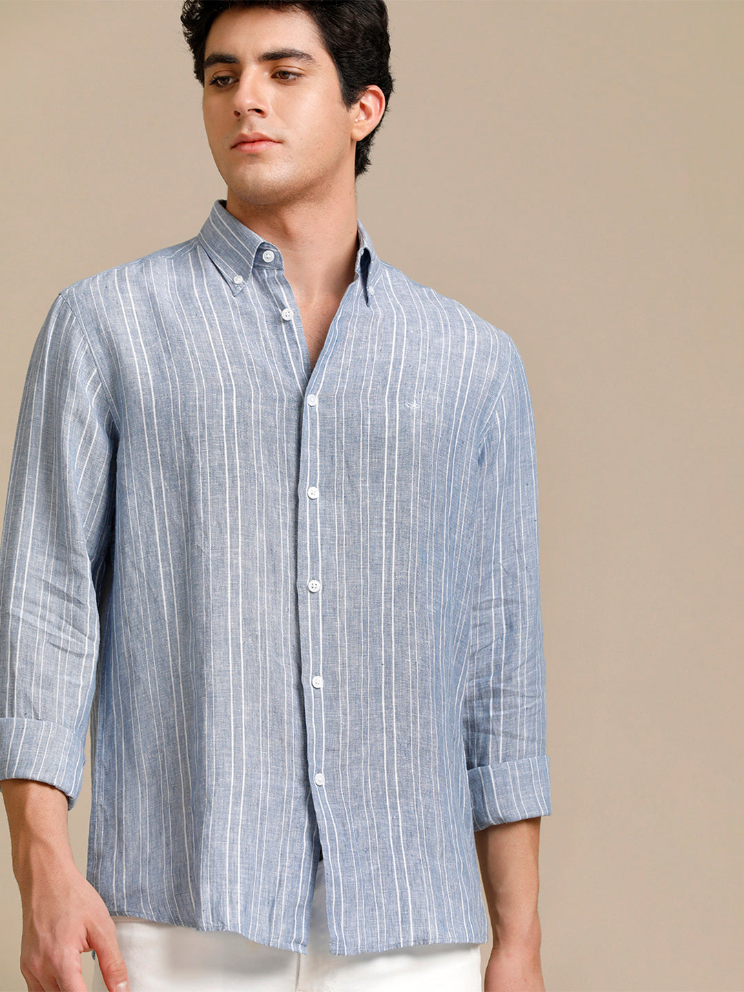 Mens Regular Fit Blue/White Stripe Casual Linen Shirt (LABUL)