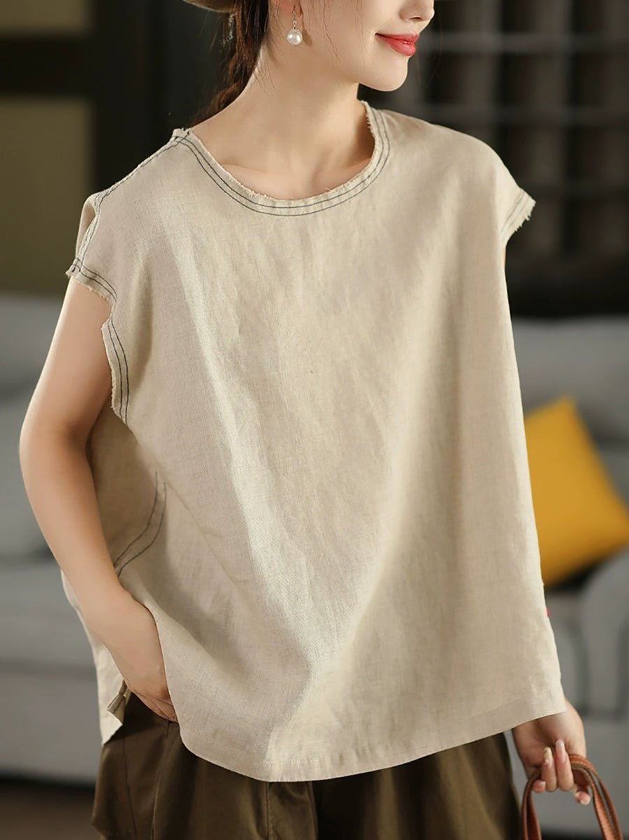 Women Summer Pure Color O-Neck 100%Hemp Shirt
