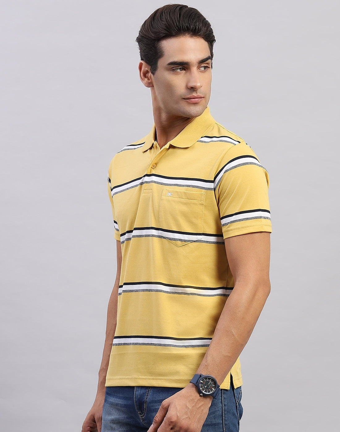 Men Yellow Stripe Polo Collar Half Sleeve T-Shirt