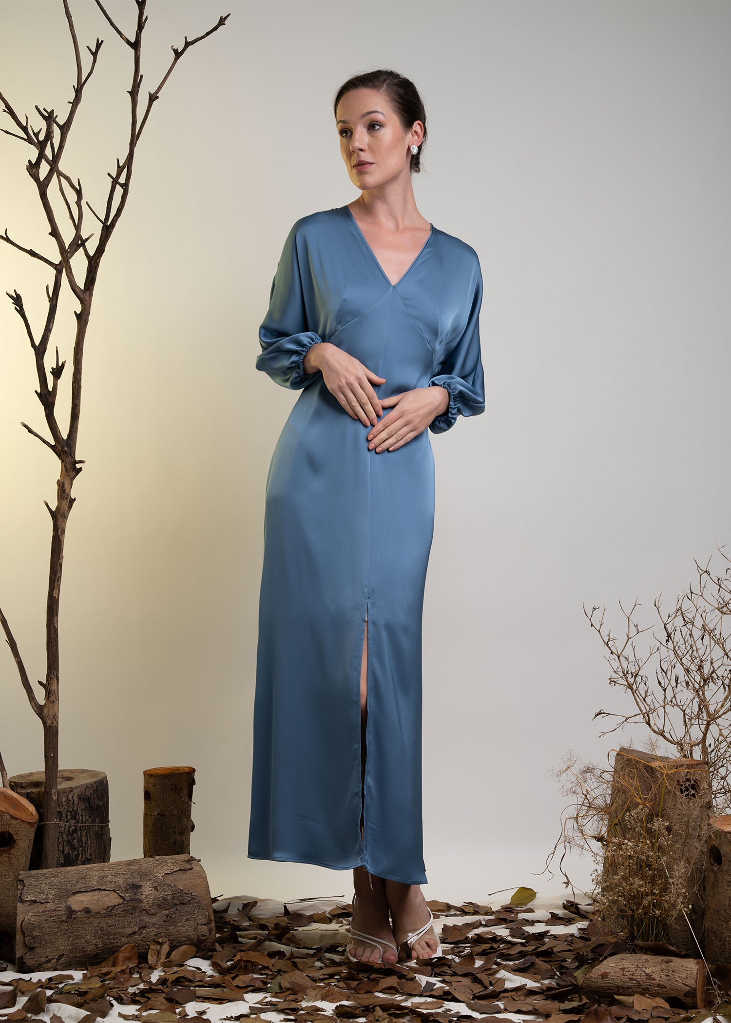 V Neck Long Sleeve Maxi Dress With Front Slit