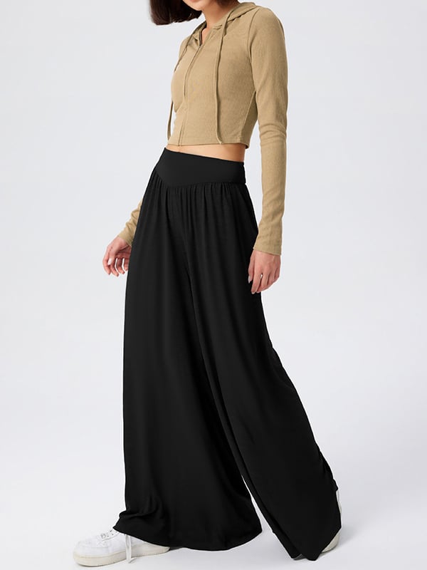 High Waisted Loose Pleated Pockets Solid Color Split-Joint Pants Trousers