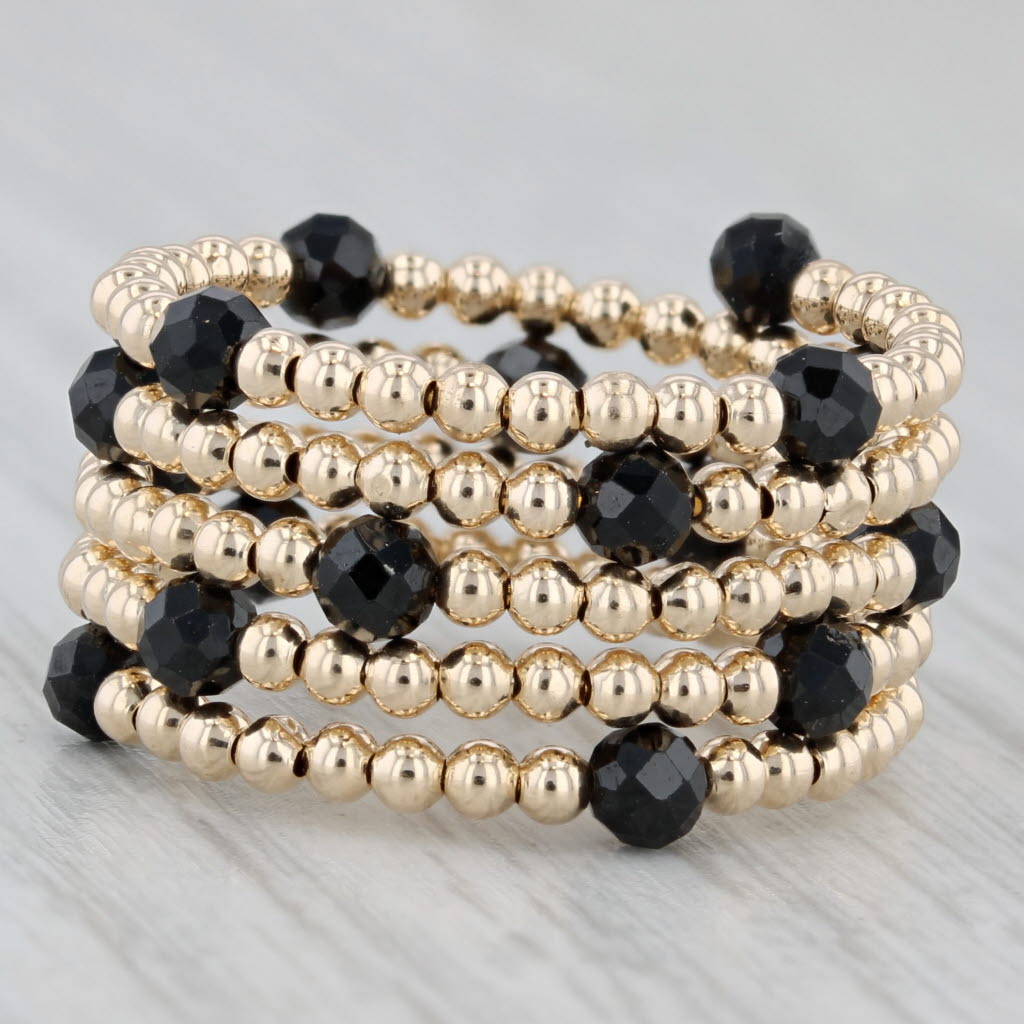 New Coiled Bead Black Glass Ring 14k Yellow Gold Adjustable Size 7