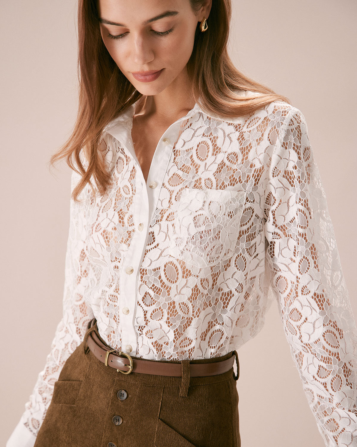 The White Collared Lace Cutout Button Shirt